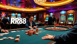 RR88 branded casino with vibrant poker table, roulette wheel, and slot machines in a luxurious atmosphere.