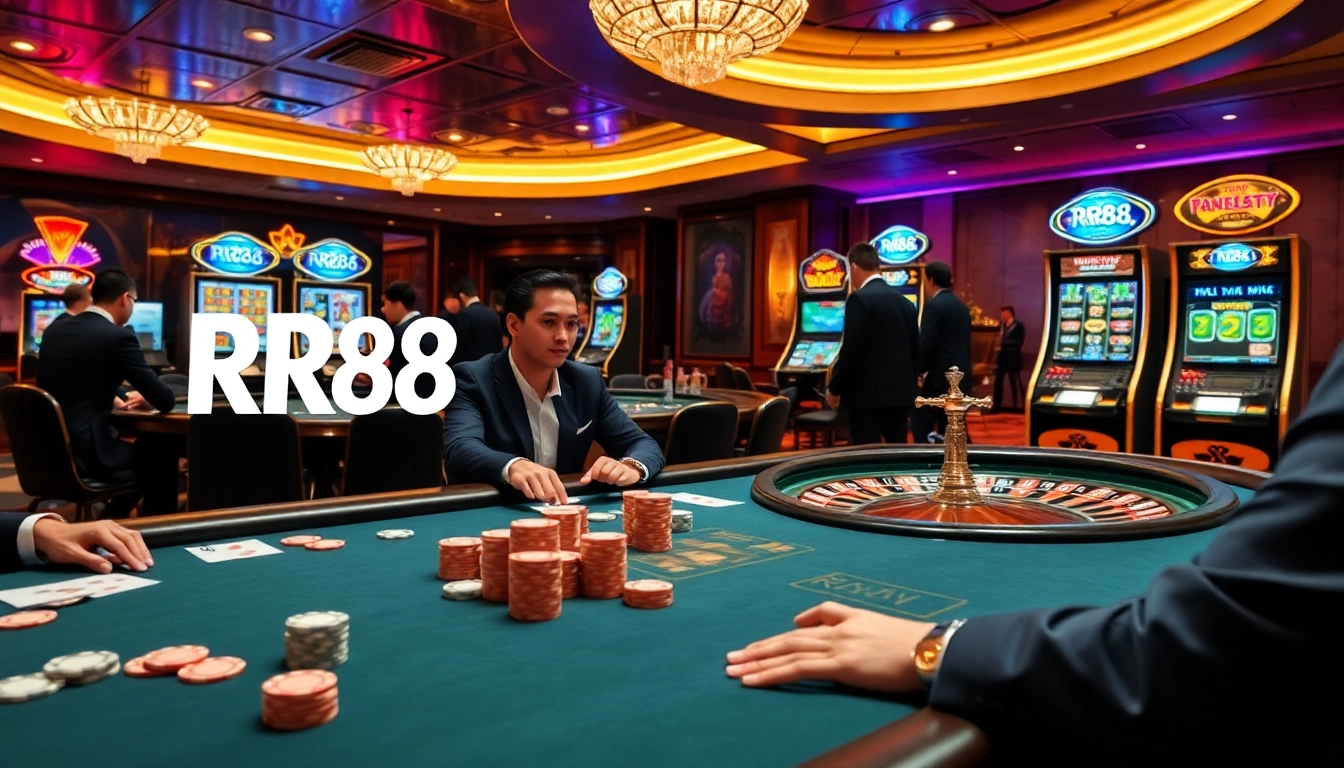 RR88 branded casino with vibrant poker table, roulette wheel, and slot machines in a luxurious atmosphere.