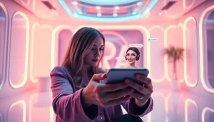 Engaging in ai sex chat with a charming AI character in a futuristic virtual room.