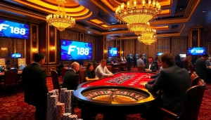 Experience excitement at F 168's casino tables with players and vibrant poker chips.