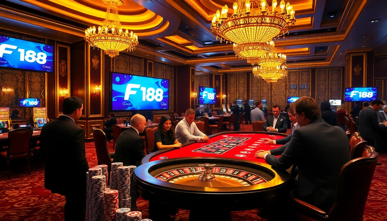Experience excitement at F 168's casino tables with players and vibrant poker chips.