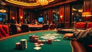 rr88 players engaged in a high-stakes poker game surrounded by luxurious casino decor