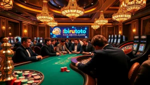 Gamblers engaging at a poker table while exploring birutoto online gaming options, creating a thrilling atmosphere.