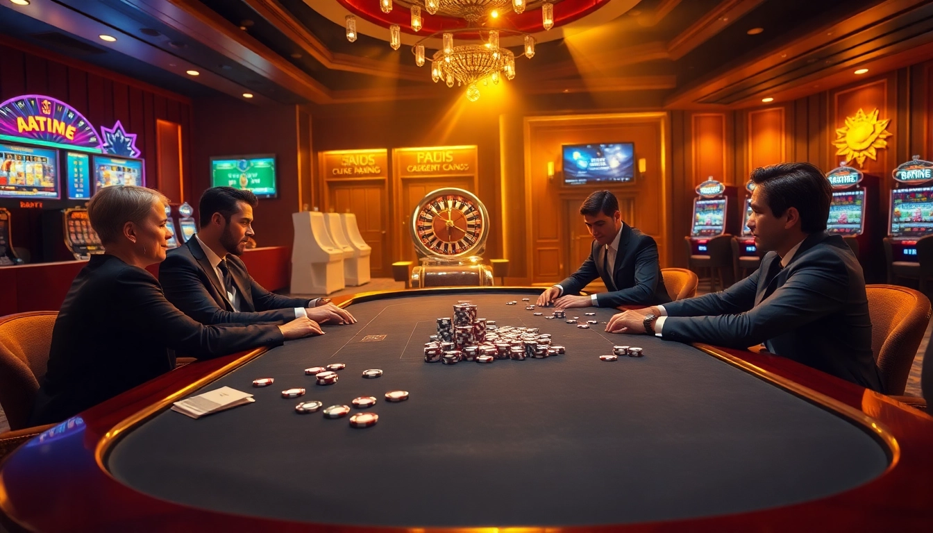 Experience the thrill of พอร์ทเกม F168 as players engage in high-stakes gambling at a luxurious casino table.