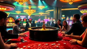 Players enjoying a vibrant gaming experience at MM88 with poker tables and slot machines.