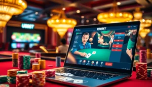 Players enjoying USBET online gaming with vibrant chips and casino atmosphere.