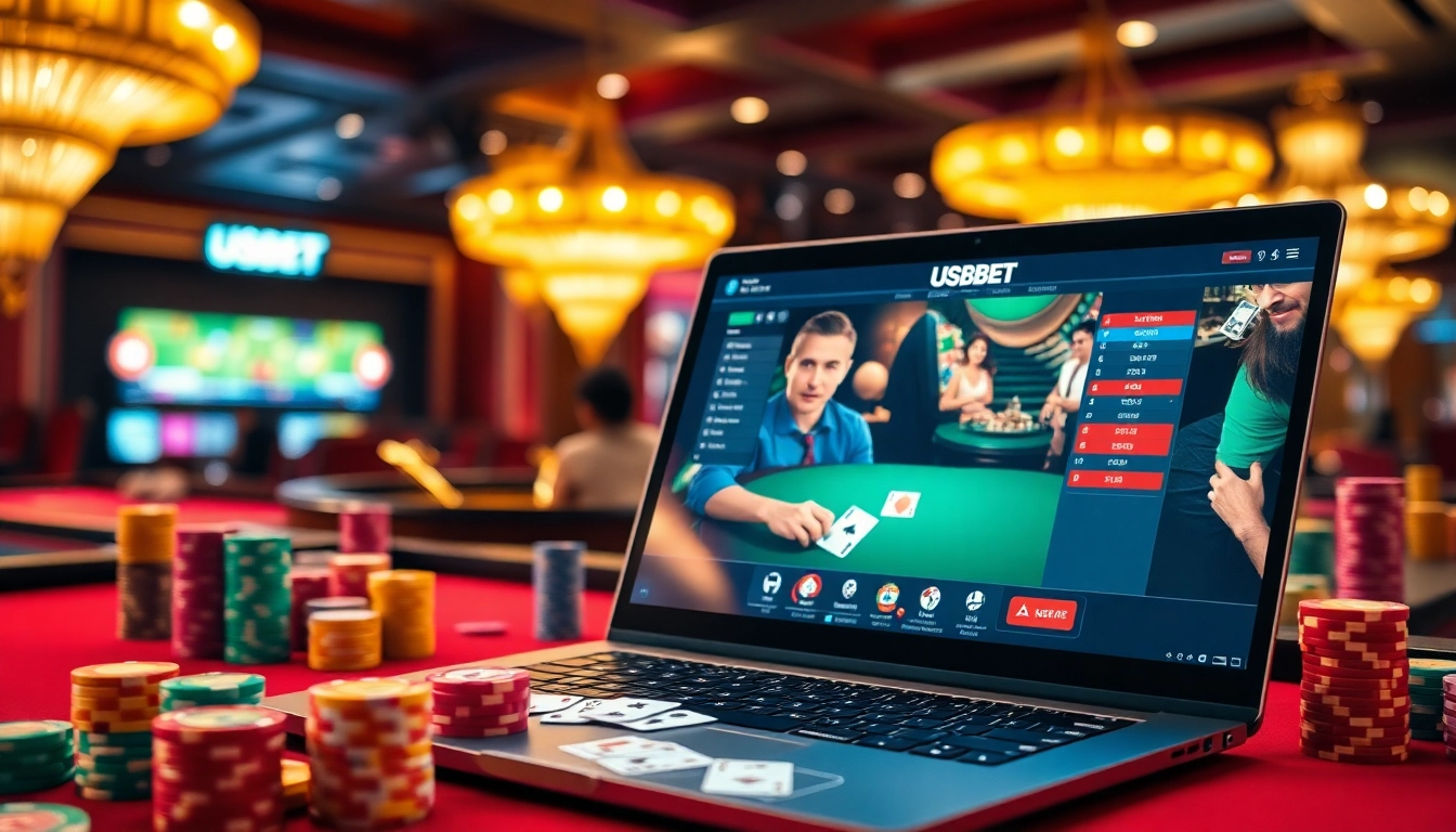 Players enjoying USBET online gaming with vibrant chips and casino atmosphere.