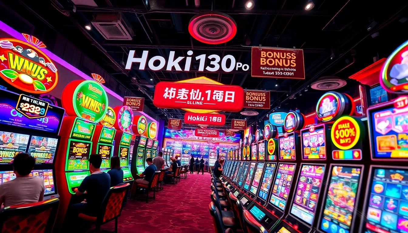 Exciting online gaming scene showcasing Hoki138 Pro with vibrant lights and players at colorful slot machines.