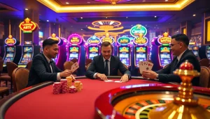 MM88 casino players in a high-stakes poker game showcasing luxury and excitement.