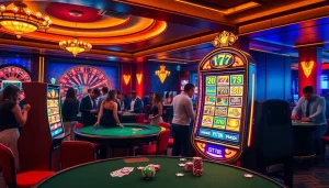 Experience the excitement of Situs Slot Gacor in a luxurious casino setting with vibrant slot machines.