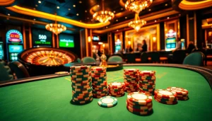 Exciting casino gaming scene at https://xx88.boats/ with poker chips, roulette wheel, and vibrant slot machines.