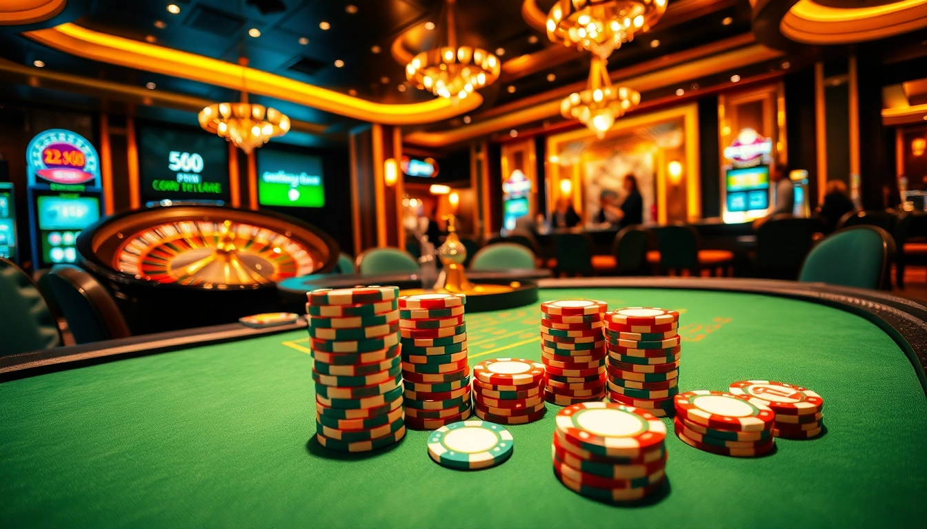 Exciting casino gaming scene at https://xx88.boats/ with poker chips, roulette wheel, and vibrant slot machines.
