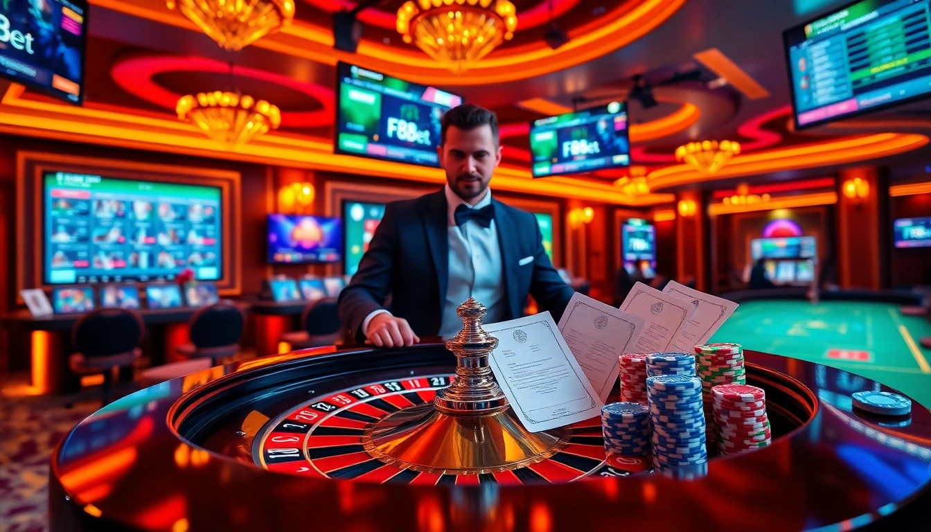 F8Bet casino scene showcasing a luxurious roulette table and online gambling interfaces.