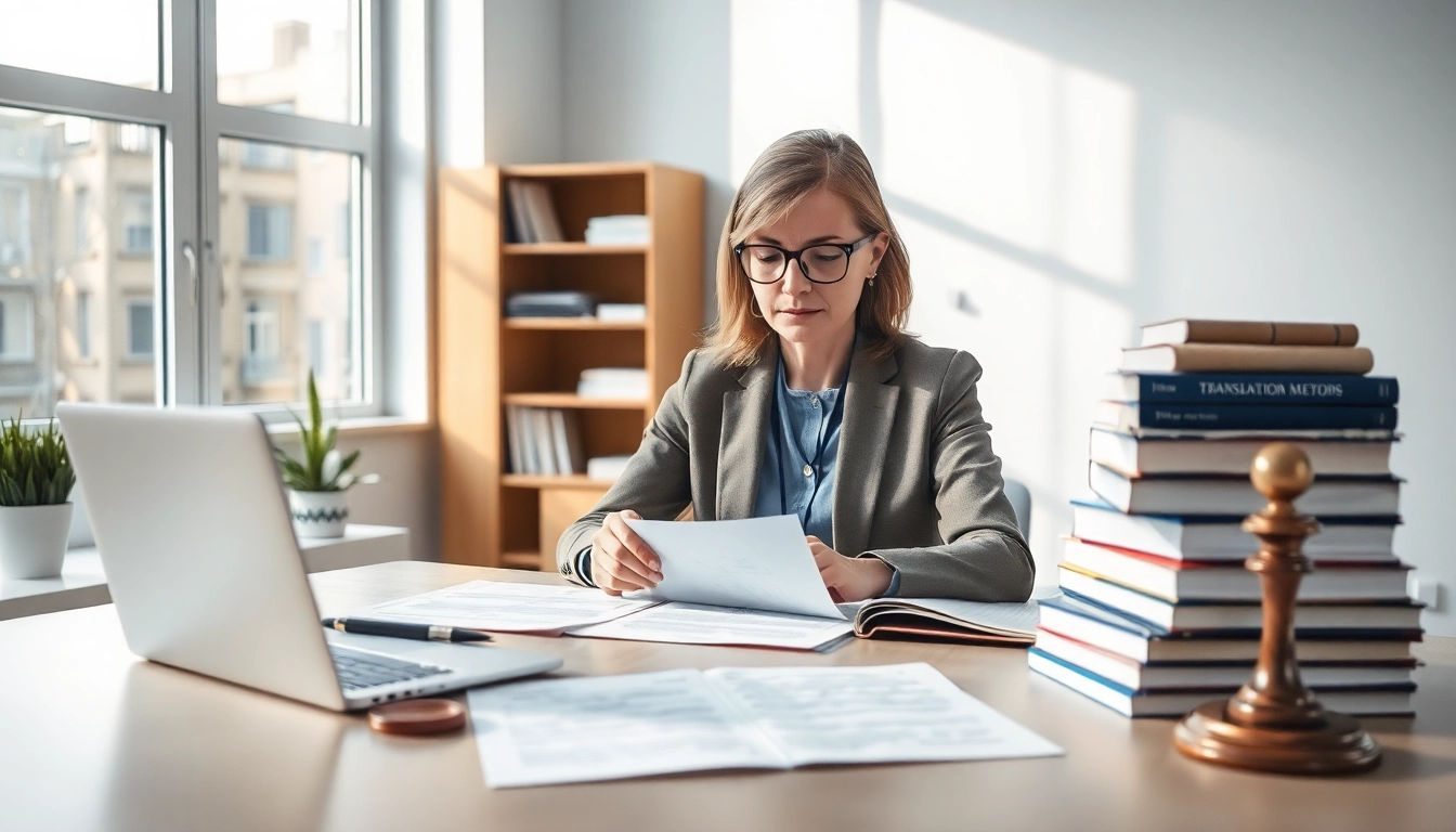 Sworn translation work being performed by a professional translator in a modern office setting.