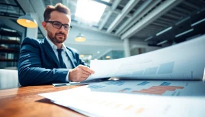 Biuro rachunkowe dla firmy budowlanej prezentujące księgowego wśród dokumentów finansowych związanych z budową w nowoczesnym biurze.