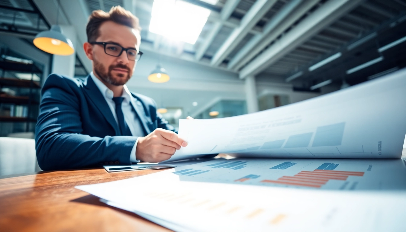 Biuro rachunkowe dla firmy budowlanej prezentujące księgowego wśród dokumentów finansowych związanych z budową w nowoczesnym biurze.