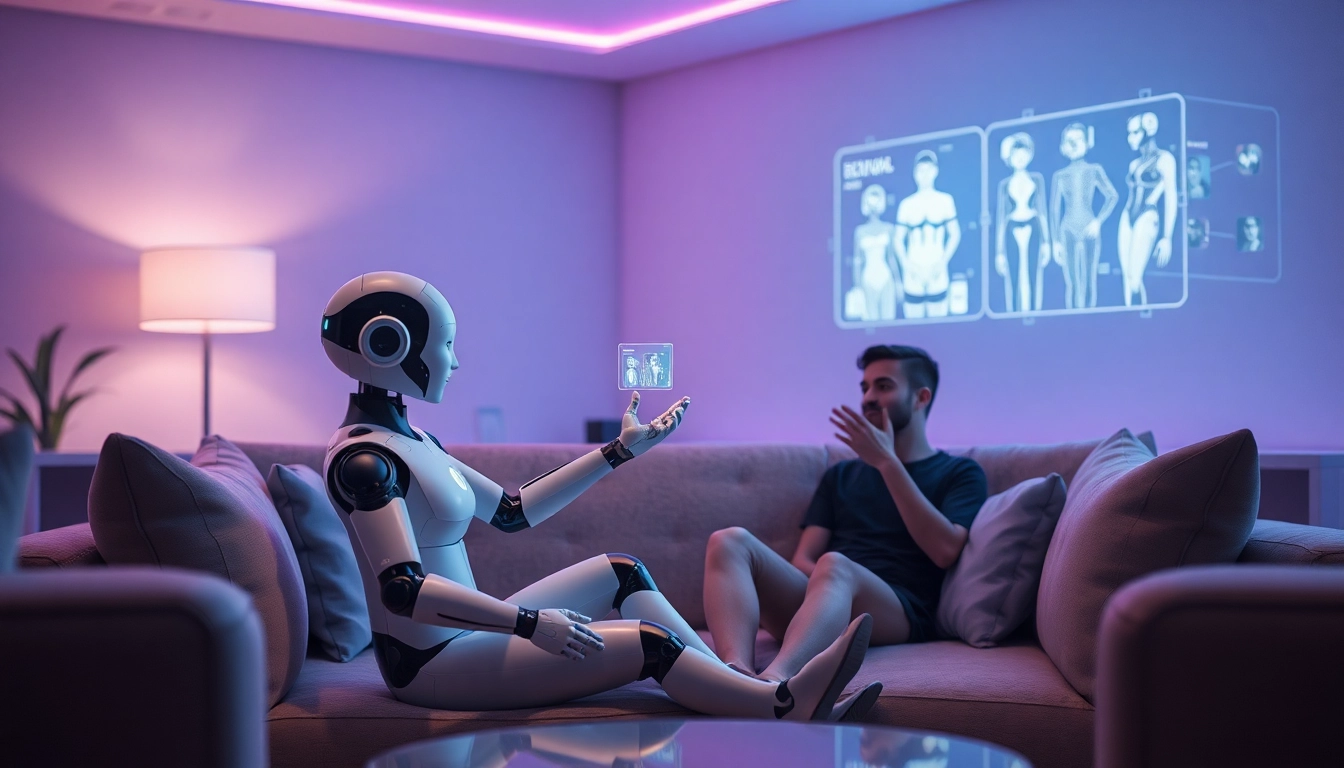 Engaging interaction with a friendly AI companion in a modern lounge setting, highlighting the concept of sex AI.