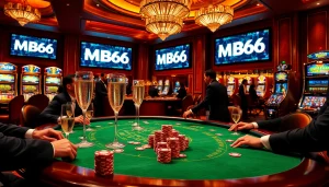 Players engage in an intense game at the MB66 poker table, surrounded by colorful chips and slot machines.