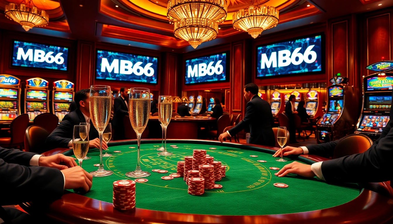 Players engage in an intense game at the MB66 poker table, surrounded by colorful chips and slot machines.