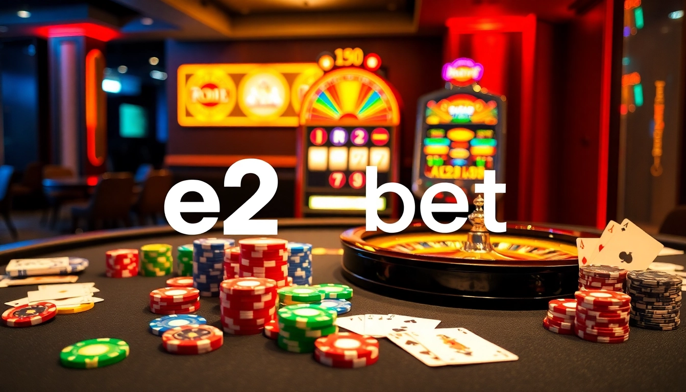 Experience the thrill of e2 bet with a vibrant casino scene showcasing poker chips and a roulette wheel.