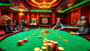 High-stakes poker table with CM88 branding, colorful chips, and luxury casino elements.