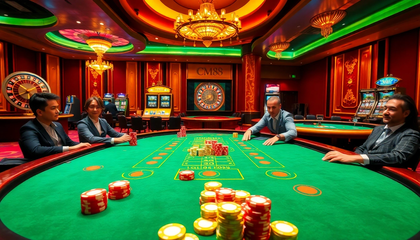 High-stakes poker table with CM88 branding, colorful chips, and luxury casino elements.