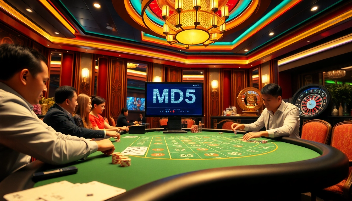 Players engaging in Tài Xỉu MD5 at a luxurious casino table, showcasing excitement and game strategies at https://taixiumd5.video/.