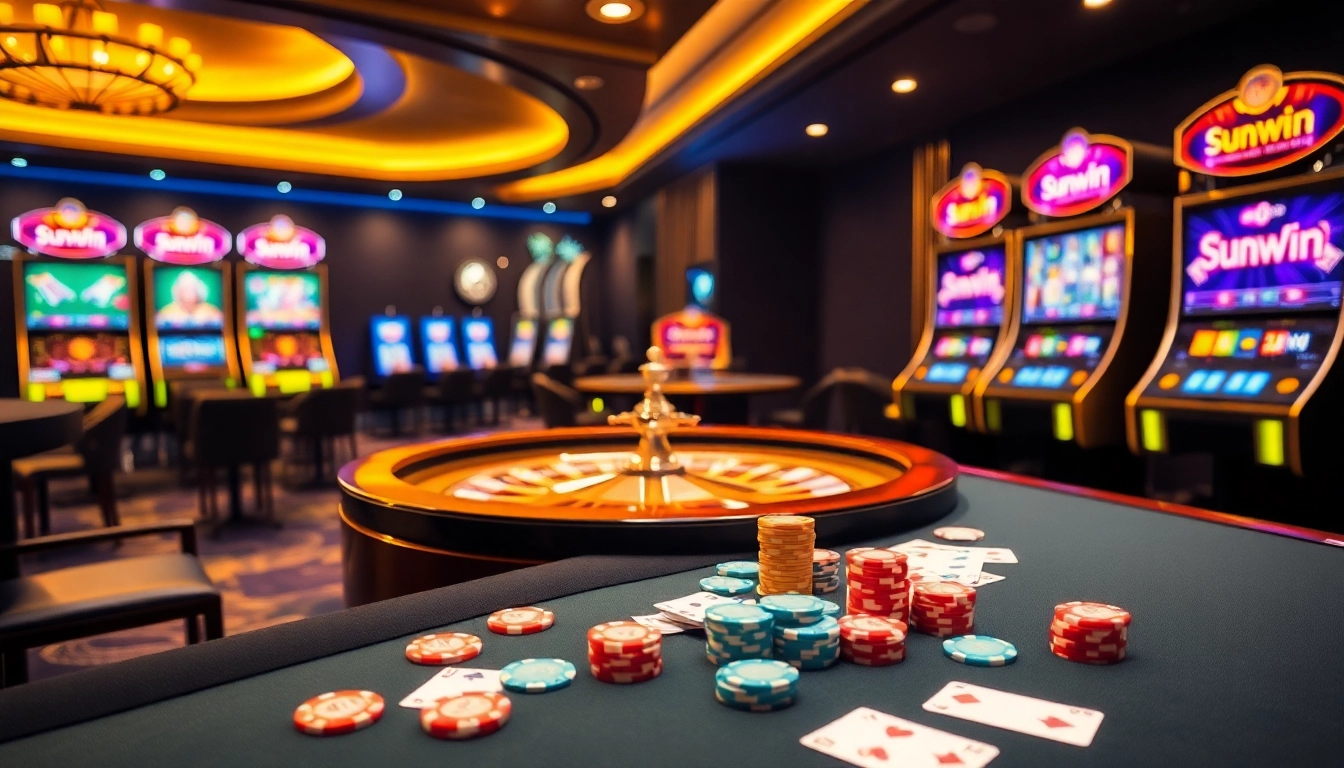 Engaging casino scene with sunwin poker chips and an illuminated roulette wheel.