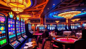 Players enjoying a thrilling game environment at gg88.com casino with vibrant slot machines and poker tables.