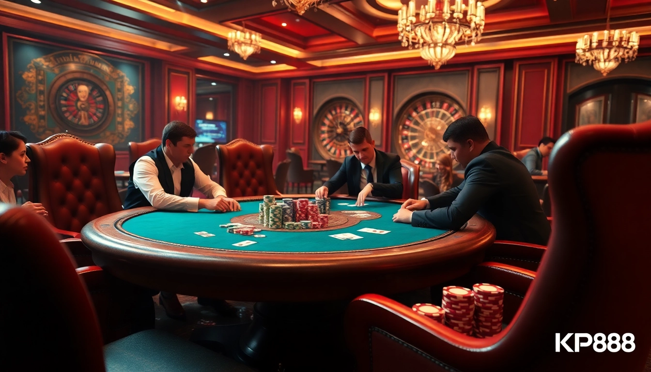 Experience the thrilling atmosphere of a professional casino setting with Kp88 link at a luxury poker table.