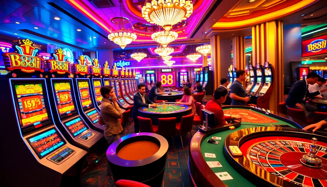 Experience the thrill of 88i gaming with vibrant casino tables, cards, and excited players.