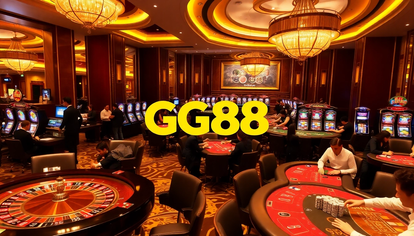 Players enthusiastically engaging with GG88 slots and games in a luxurious casino setting.