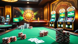 MM88 players enjoying a vibrant online casino experience with poker chips and slot machines.