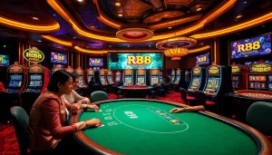 Engage in thrilling RR88 gameplay at a luxurious casino table with bright slot machines.