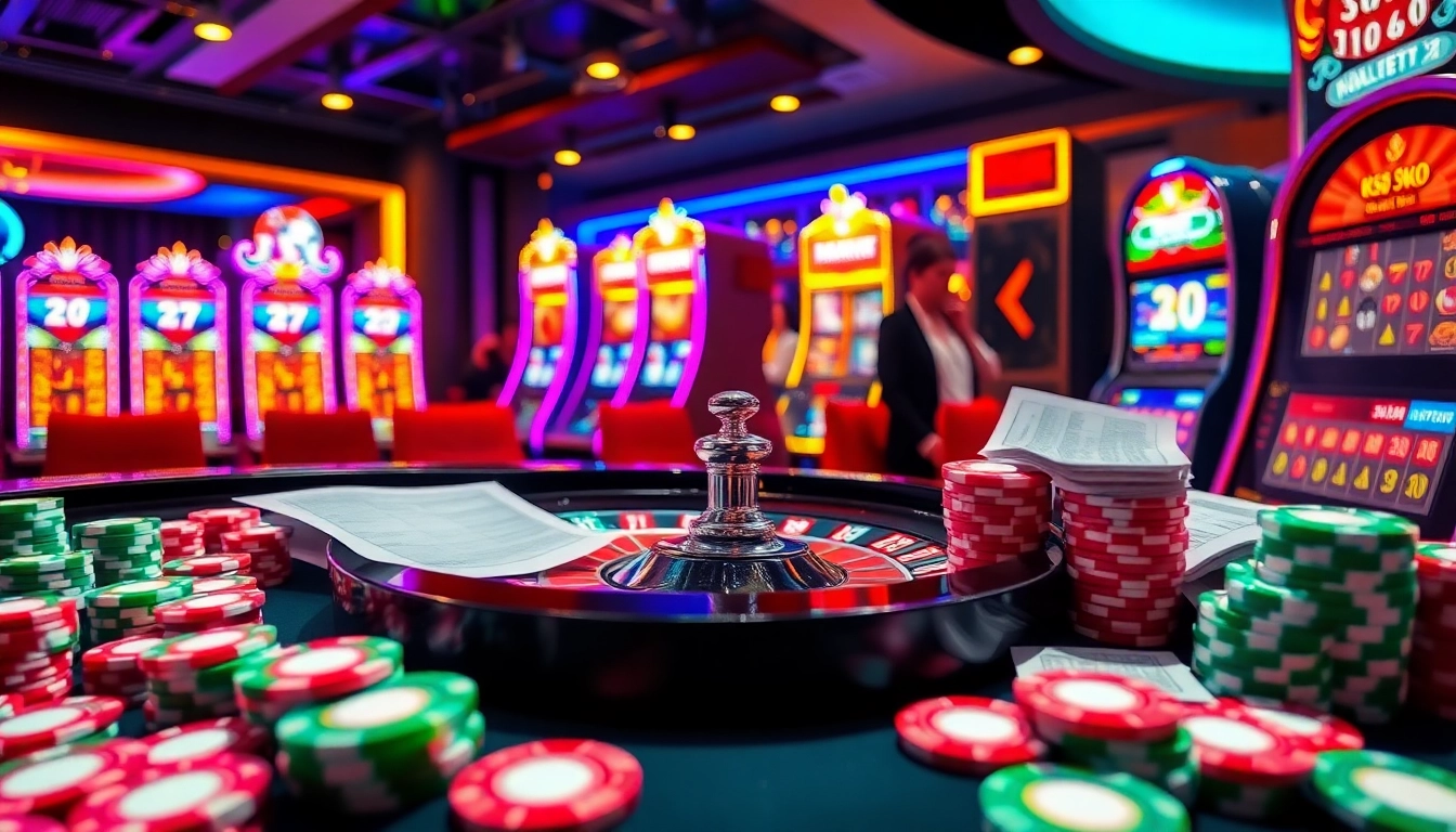 Experience the thrill of kp88 with casino chips and a roulette table illuminated in a vibrant setting.