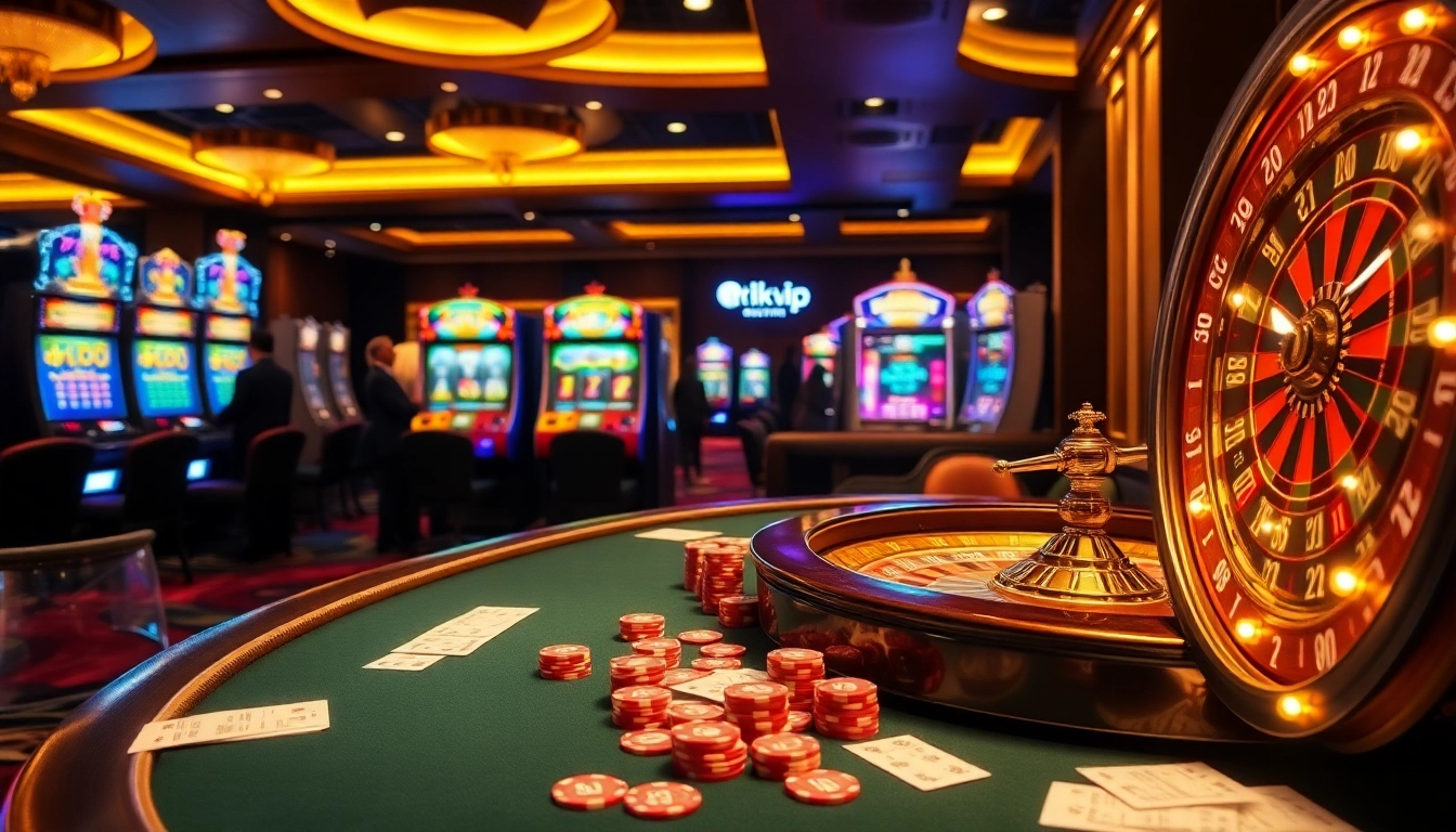 Engaging scene of players at a rikvip casino table with chips and cards.