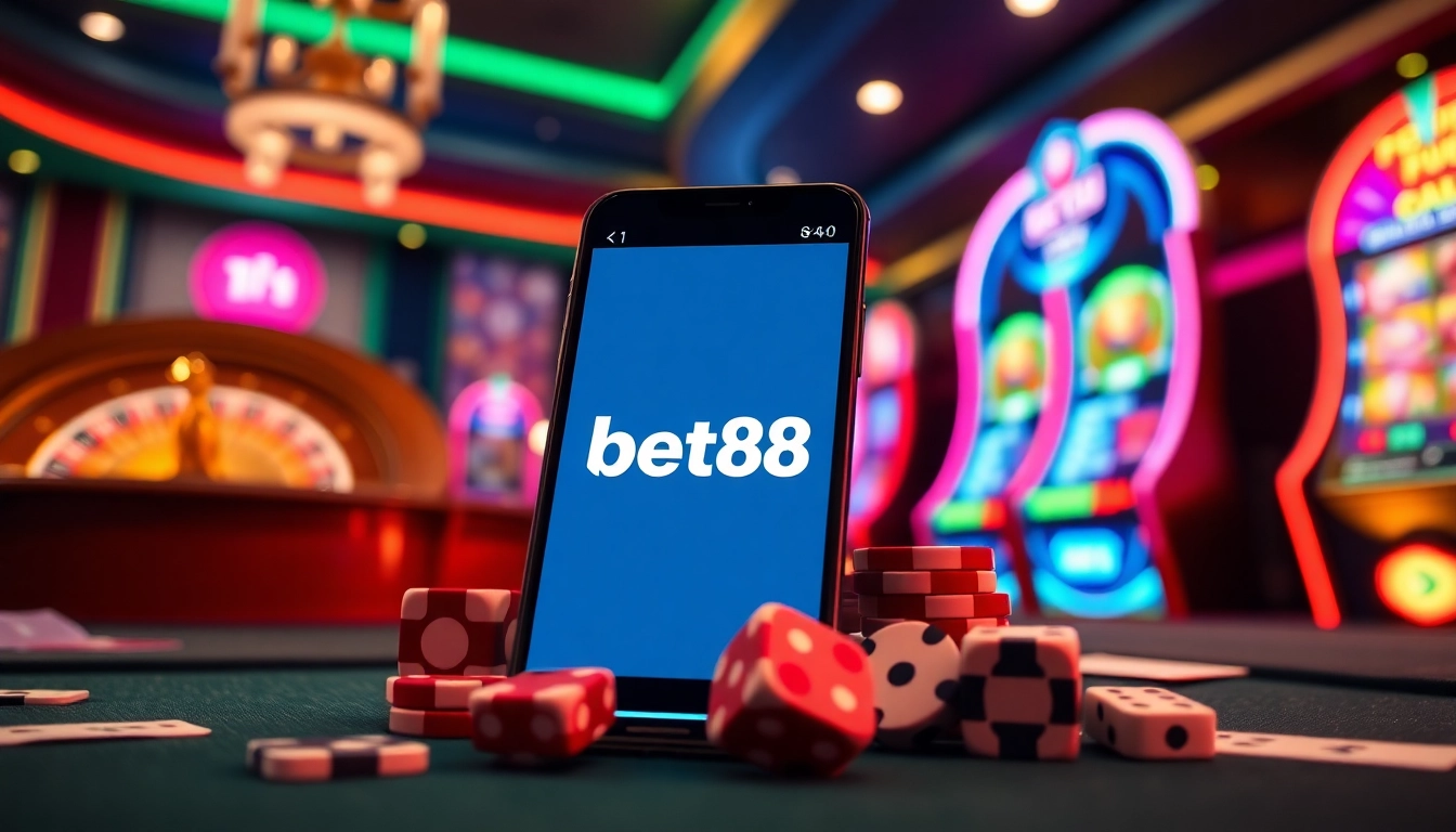 Action-packed scene with the Bet88 app on a smartphone amidst vibrant casino elements.