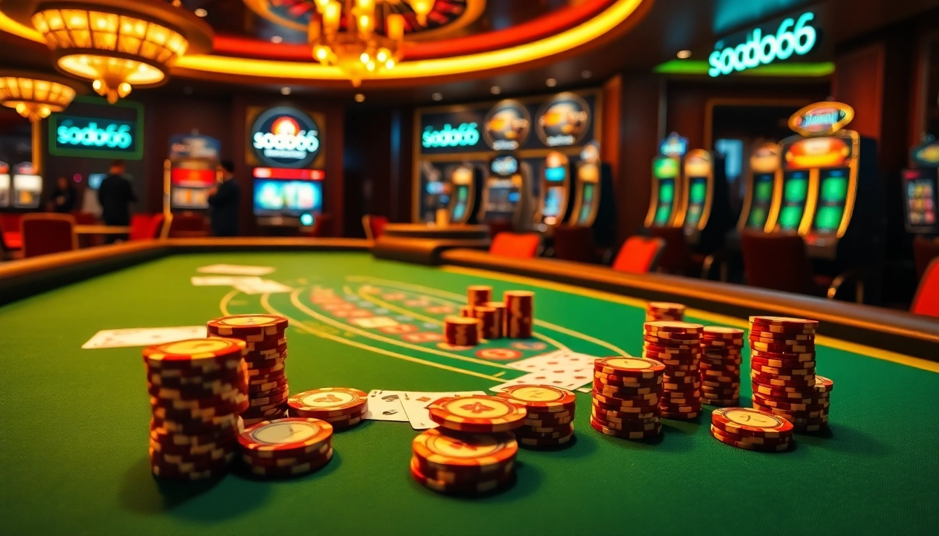 Players enjoying a baccarat game highlighting the excitement of sodo66 in a vibrant casino atmosphere.