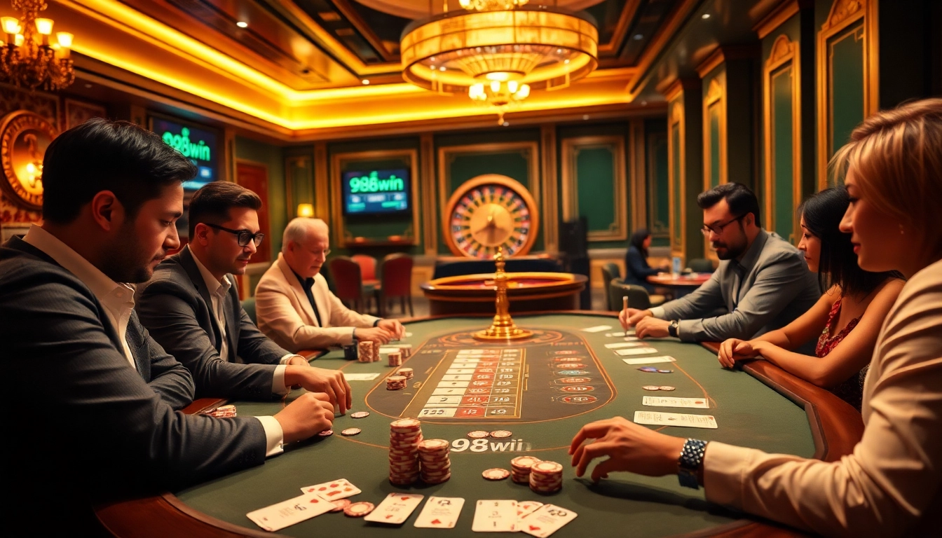 Exciting poker game at 98win with vibrant chips and immersive casino atmosphere