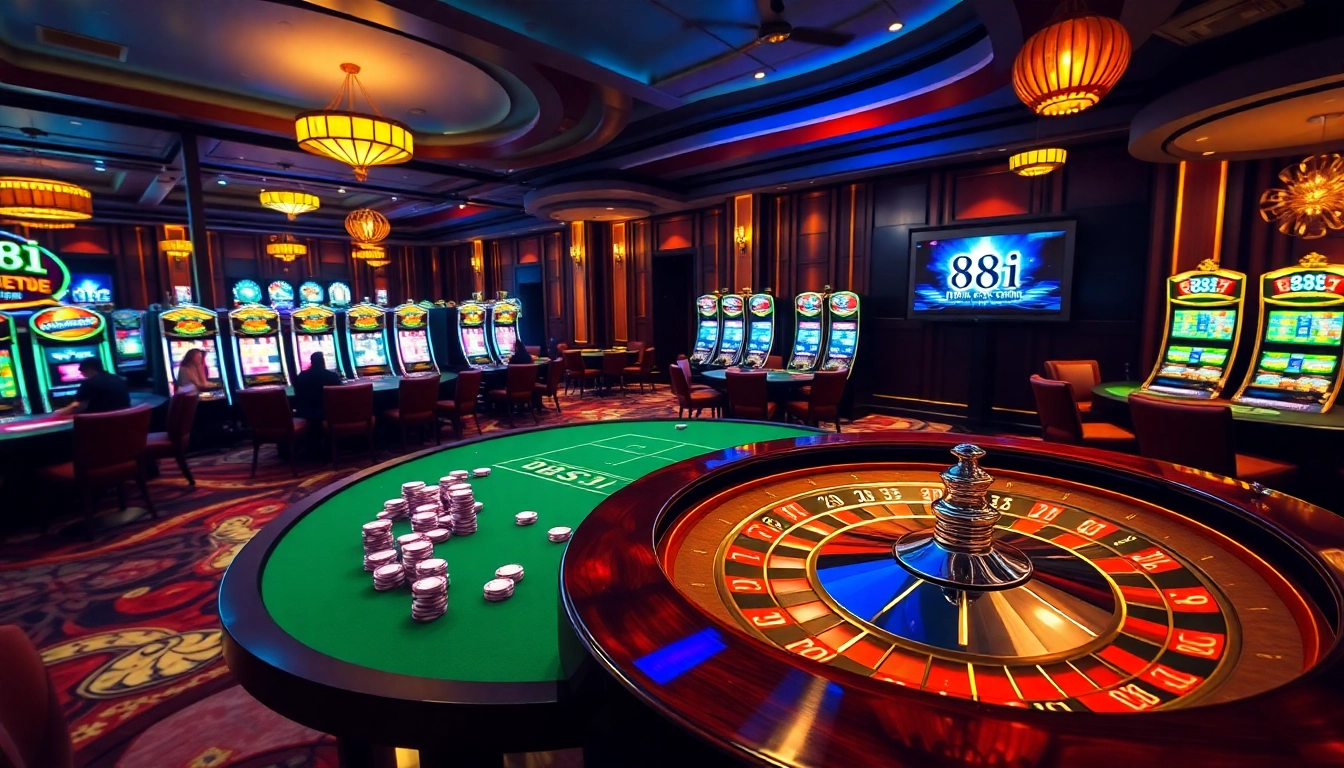 Engaging scene of players enjoying the 88i game at a luxurious casino, with poker chips and roulette tables.