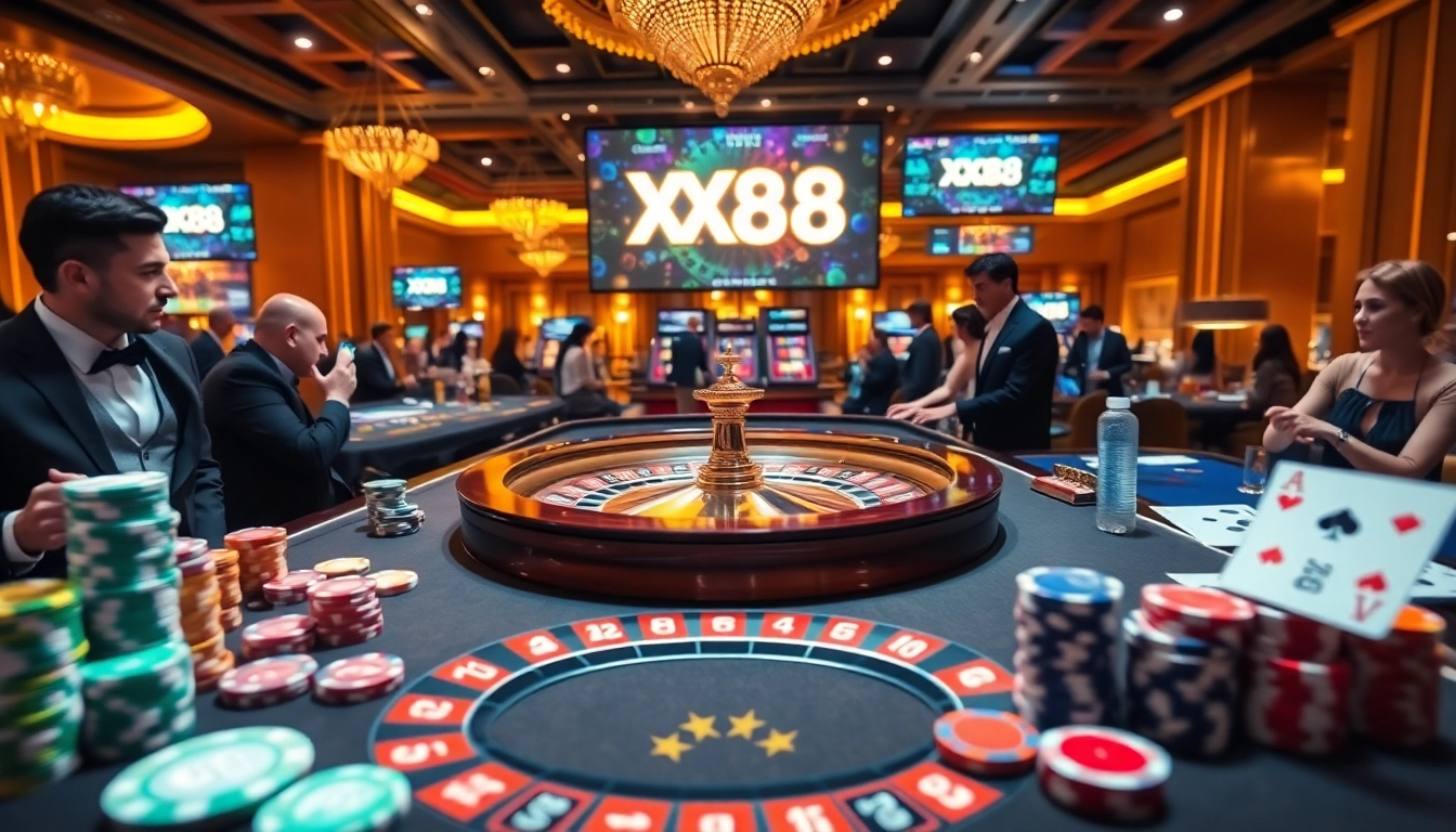Engaging casino scene showcasing thrilling gameplay with XX88 roulette and lively gamblers.