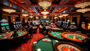 Exciting gaming scene at thabethome.com featuring poker tables, roulette wheels, and vibrant players.