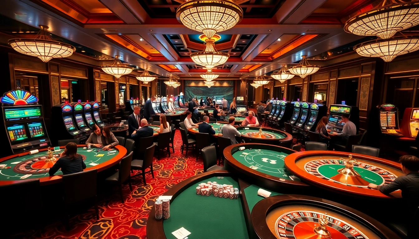 Exciting gaming scene at thabethome.com featuring poker tables, roulette wheels, and vibrant players.