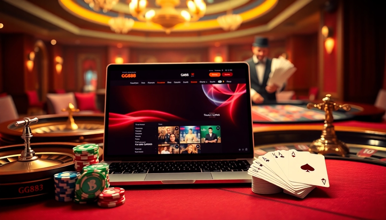 The engaging interface of trang chủ gg88 with vibrant casino elements like poker chips and cards.