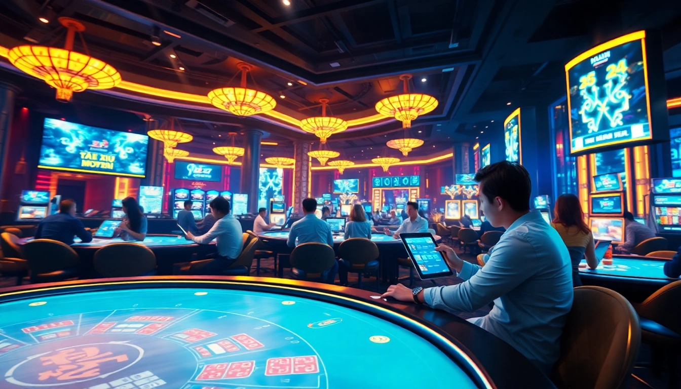 Tài Xỉu MD5 game scene with players in an exciting, modern casino environment showcasing digital technology.