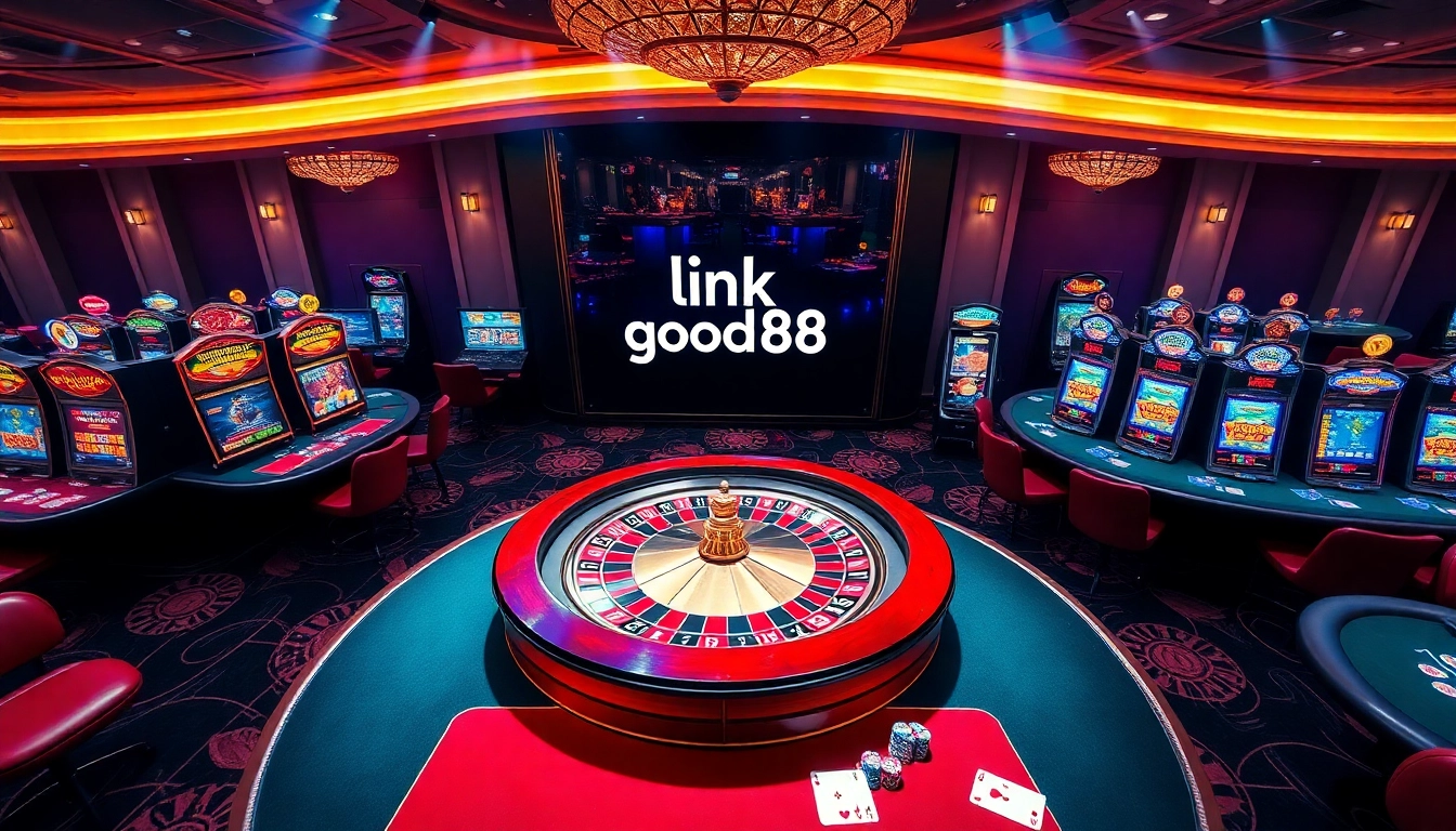 Engaging casino atmosphere showcasing 'link good88' with roulette and slot machines in action.