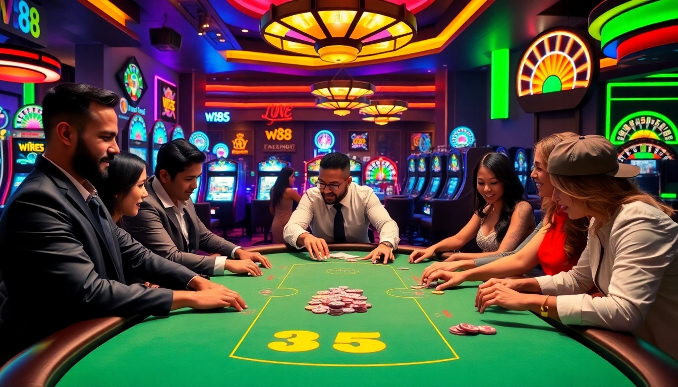 Engaged players strategizing at a w88 casino blackjack table amidst a vibrant gaming atmosphere.