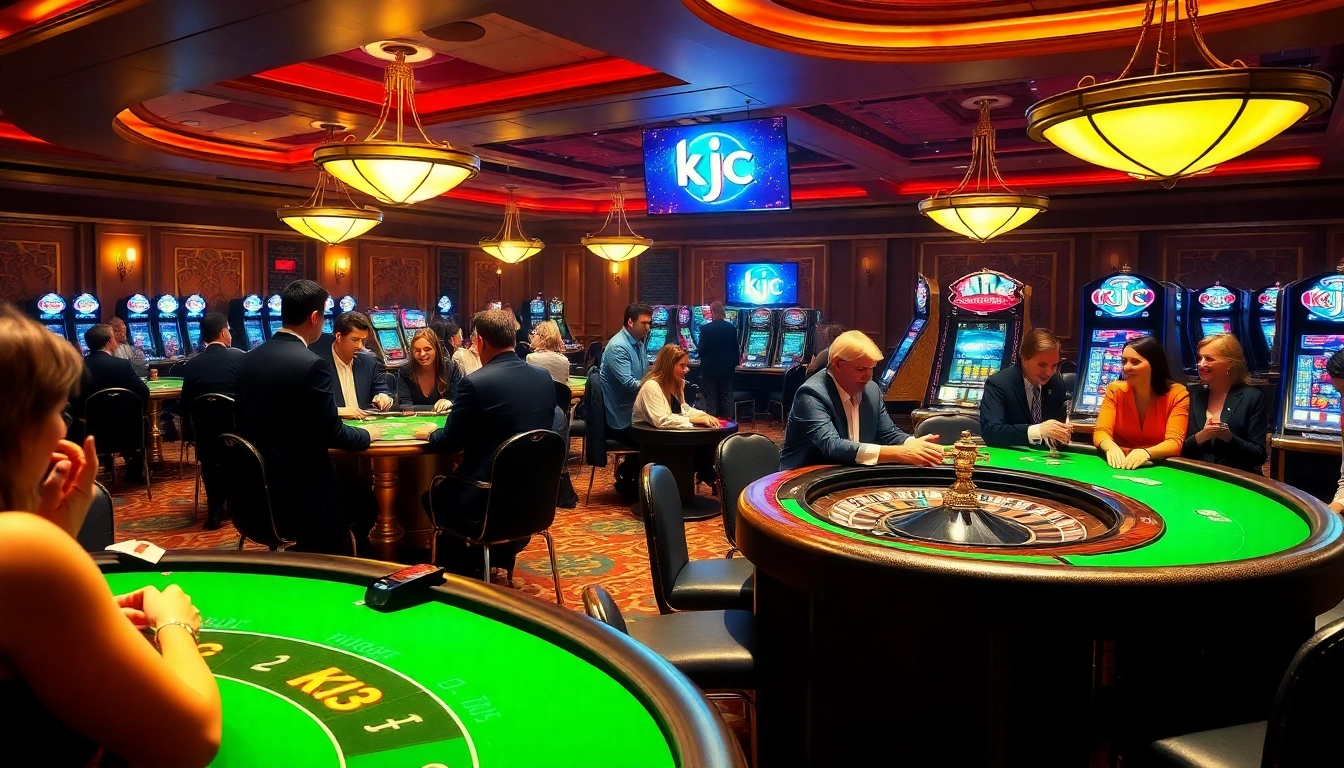 Gambling excitement at a luxurious casino featuring KJC branding on digital screens.