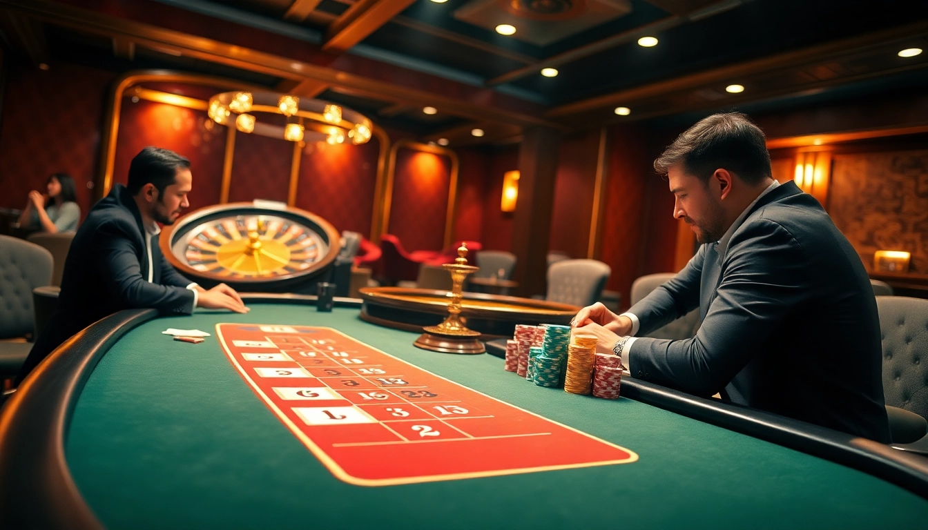 Intense poker game at HM88 casino table with vibrant chips and roulette wheel in view.