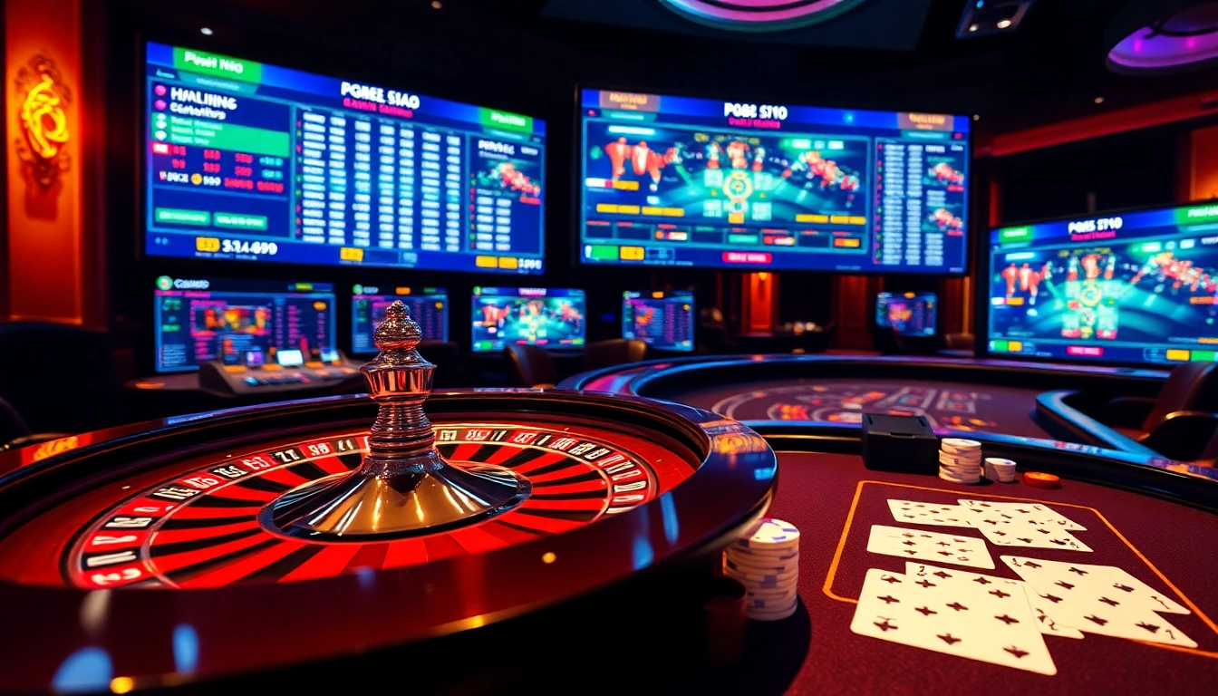 Experience online gaming action at pg88bet.it.com with vibrant casino tables, colorful poker chips, and a roulette wheel.